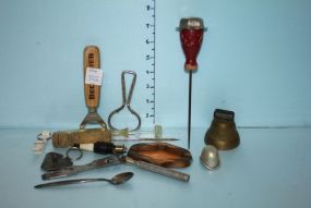 Copper with Enamel Ashtray, Bottle Opener, Two Ice Picks, Brass Bell, other Bottle Openers, and an Aluminum Eye Washer