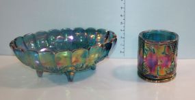 Carnival Glass Footed Fruit Bowl and a Carnival Glass Grape Pattern Jar