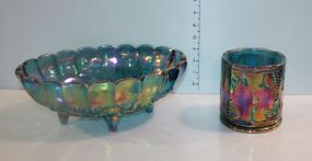 Carnival Glass Footed Fruit Bowl and a Carnival Glass Grape Pattern Jar