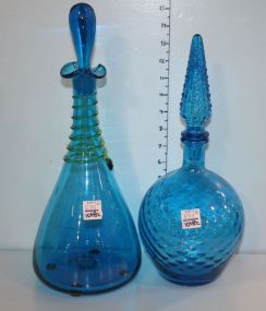 Blue Art Glass Decanter with Green Twisted Design and a Blue Art Glass Decanter