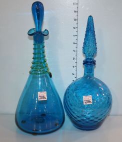 Blue Art Glass Decanter with Green Twisted Design and a Blue Art Glass Decanter