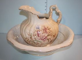 Gold Trimmed Bowl and Pitcher with Flower Designs