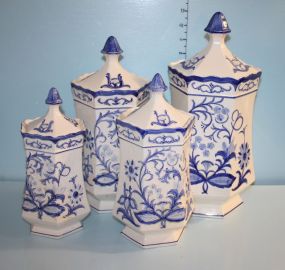 Set of Four Blue and White Canisters
