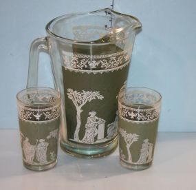 Green Grecian Pattern Pitcher with Glasses