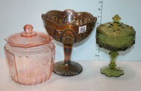 Imperial Glass Compote, Pink Depression Glass Covered Dish, and Green Covered Dish