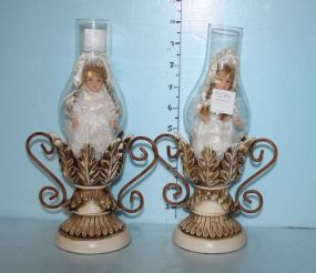 Pair of Resin Candlesticks with Hurricane Shades and a Doll Inside