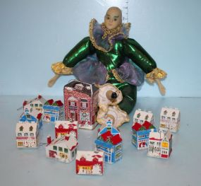 Box Group of Twelve Miniature Painted House-Christmas Ornaments and a Painted Doll