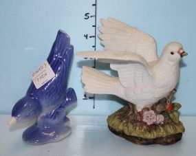 Porcelain Blue Bird and a Porcelain Dove with Wings on a Stand with Flowers
