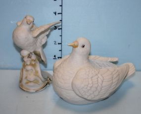 Covered Porcelain Dove Box and a Porcelain Dove on a Stand