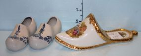 Two Porcelain Dutch Shoes and a Transfer Print Shoe