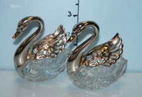 Two Pressed Glass and Silverplate Swan Salt Cellars