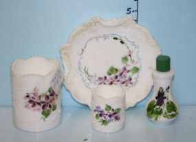 Four Piece Milk Glass Handpainted with Violets , Toothpicks, and Dresser Pieces