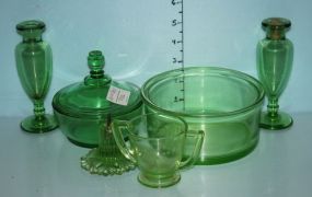 Six Pieces of Green Depression Glass