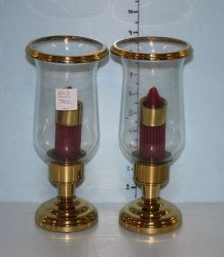 Pair of Brass Candleholders with Hurricane Shades
