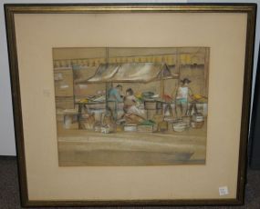 Chalk and Pencil Drawing of Street Vendor Signed J.K. Altschool