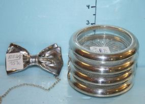 Sterling Silver Bow Necklace along with Four Sterling Lined Glass Coasters