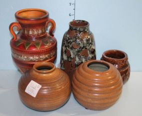 Four Pottery Vases and one Ceramic Vase