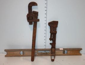 Two Stillson Wrenches and Stanley Level