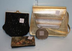 Gold Purse, Cream Purse, Black Beaded Clutch Purse, Cream Clutch Purse, Cowship Scene Wallet, and a Mesh Coin Holder