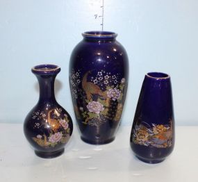 Three Oriental Peacock Motif Vases