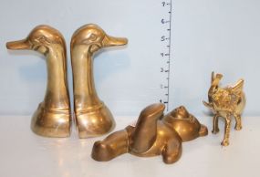 Pair of Brass Duckhead Bookends along with a Bear Figurine and Small Brass Elephant