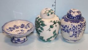 Blue and White Compote Along with Two Ginger Jars
