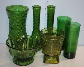 Group of Seven Green Glass Items