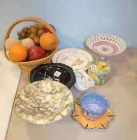 Woven Handled Basket with Plastic Fruit along with Compotes and Decorative Bowls