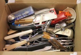 Group of Stainless Silverware and a Box of Kitchen Utensils