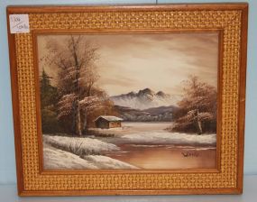 Small Oil on Board with Winter Lake and Mountain Scene
