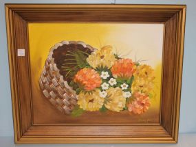 Oil on Board of Basket of Flowers, signed Mary Ann, 1976