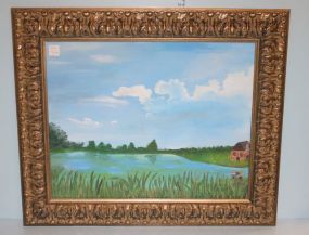 Oil on Board of Cabin and Lake Scene, artist signed B.W.