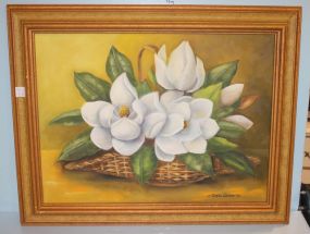 Oil on Canvas of Basket of Magnolia Flowers, signed Estella Walker