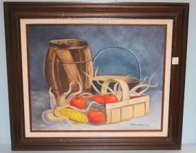 Oil on Board of Basket of Vegetables, artist signed Estella Walker