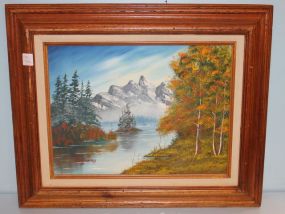 Oil on Canvas of Mountain and Lake Scene, signed Wimberley