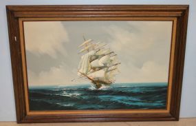 Large Oil on Canvas of Ship Sailing, signed Jackson