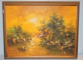 Oil on Canvas of Trees and River Scene