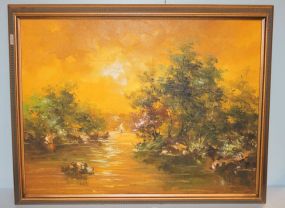 Oil on Canvas of Trees and River Scene