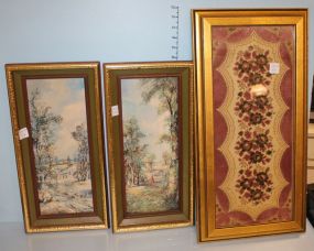 Two Prints on Board and a Framed Needlework