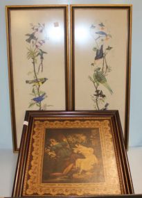 Two Needleworks of Birds and a Victorian Print on Board