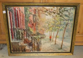 Print on Board of Street Sidewalk Scene, signed Peter Hayward