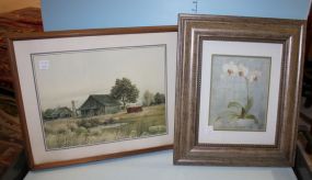 Framed Print of Flowers and a Framed Barn Scene