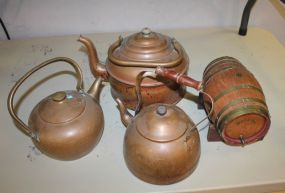 Three Copper Tea Kettles along with Small Wooden Whiskey Barrel in Holder