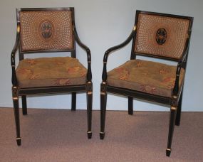 Pair of Black Lacquer Adam's Style Chairs with Medallion in the Center of Cane Web Design Back