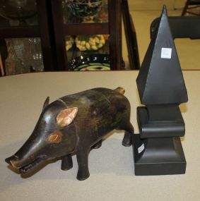 Decorative Black Tin Spear and Decorative Painted Resin Pig
