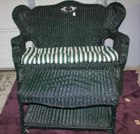 Painted Green Wicker Settee, Two Wicker Arm Chairs, and a Green Wicker Coffee Table with Cushion and Pillows