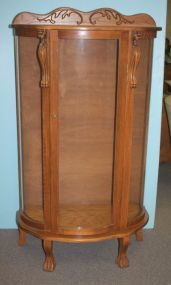 Modern Oak Curved Glass China Cabinet with Griffins and Paw Feet and two Glass Shelves