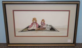 Limited Edition Print of Two Girls, Dogs and Cats on Carpet Signed 273/1000