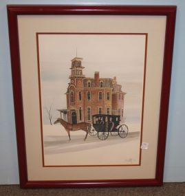 Limited Edition Print of Victorian House Horse and Carriage with Three Passengers, Signed 541/1000