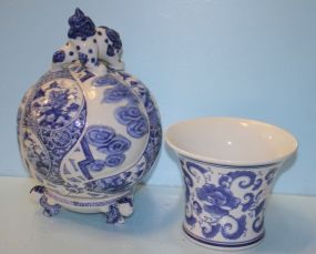 Blue and White Porcelain Jardinere and a Decorative Ball on a Stand with Foo Dog Finial
